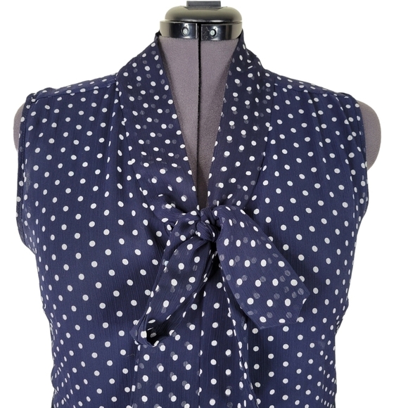 ASOS Fit N Flare Dress Size 16 Navy White Polka Dot Attached Tie Sleeveless Zip - Picture 2 of 8